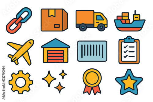 Modern Supply Chain Icons. Basic supply chain in modern flat vector : chain link, package box, delivery truck, cargo ship, airplane, warehouse,