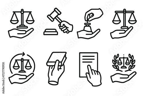 Judicial Symbols in Gestures. Gestures icons in outline style: hand holding scale, hand raising gavel, hand placing weight on scale, hand pointing at
