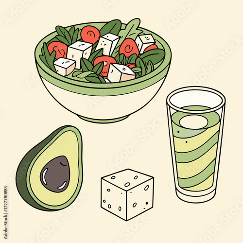 Healthy salad with avocado and drink illustration