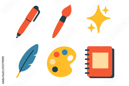 Colorful Art Toolkit. Creative kit in modern flat vector : red pen, paintbrush, palette, sparkle, quill, sketchbook