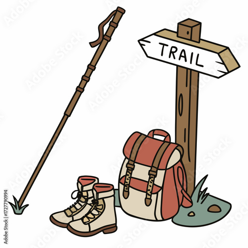 Hiking gear including a backpack boots and a trail sign