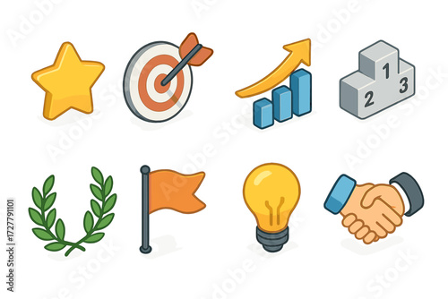 Achievement Icon Set. Achievement icons set icons in modern isometric flat : star rating, target dart, rising graph, podium, laurel wreath, flag