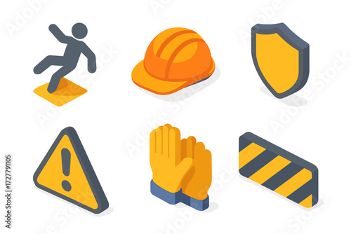 Isometric Safety Icons. Safety signs set icons in modern isometric flat : falling back, helmet, shield, exclamation mark, gloves, caution stripe