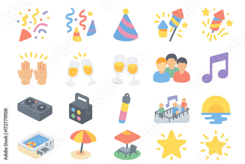 Party Icons Collection. Party vibes set icons in modern isometric flat : confetti, streamers, party hat, fireworks, raised hands, clinking glasses,