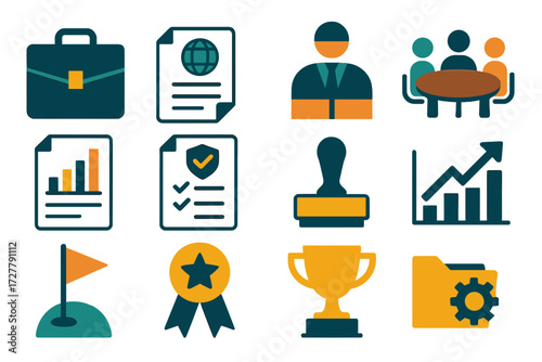 Global Economy Icons. Business global economy set of icons in abstract flat : briefcase, contract paper, supervisor figure, meeting table, report