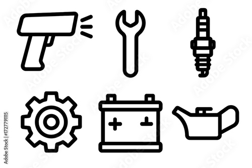 Auto Tools Icons. Auto tools icons in outline style: timing light, wrench, spark plug, battery, gear, oil can