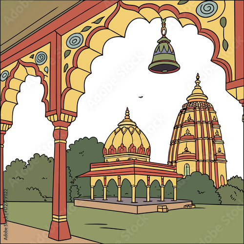 Indian temple architecture with arches and bell