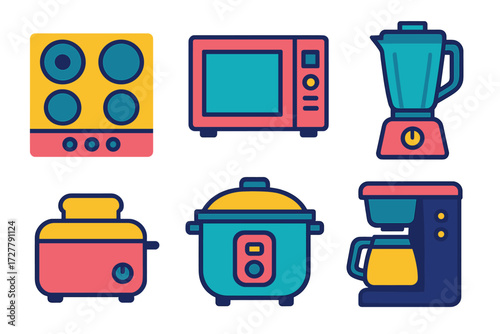 Minimalist Kitchen Icons. Modern kitchen in modern flat vector : stovetop, microwave, blender, toaster, rice cooker, coffee maker