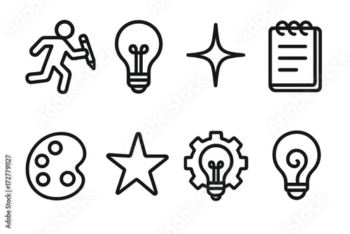 Creative Workflow Icons. Creative workflow icons in outline style: execution phase, lightbulb, spark, notepad, palette, doodle star, innovation gear,