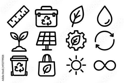 Eco-Friendly Tool Icons. Eco-friendly tools icons in outline style: bamboo ruler, recycled toolbox, eco leaf, water droplet, plant sprout, solar