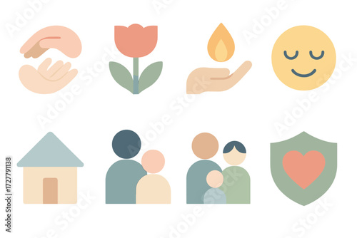 Gentle Care Icons. Gentle care set of icons in abstract flat : tenderness, flower, candle flame, guiding hand, smiling face, home, family group,