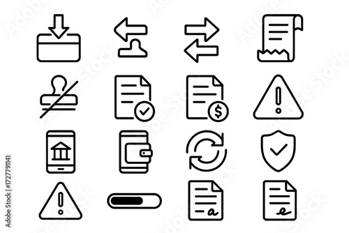 Financial Icons Set. Transactions icons in outline style: deposit arrow, withdrawal arrow, transfer arrows, payment approved stamp, cancelled stamp,