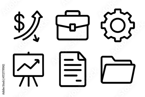Business Icon Collection. Business icons icons in outline style: interest shift, briefcase, gear, chart board, report sheet, folder