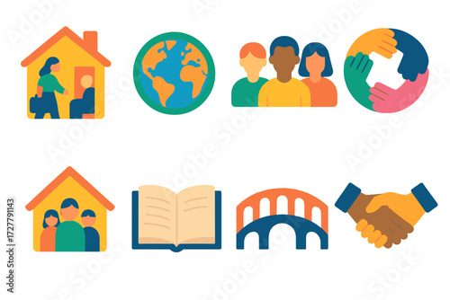 Community Collaboration Icons. Community care in modern flat vector : home visit, globe, group avatars, unity circle, family house, open book, bridge,