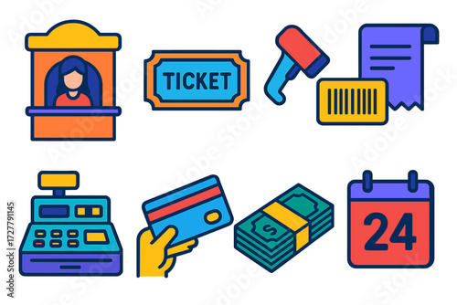 Ticket Sales Icons. Ticket sales in modern flat vector : box office counter, entry ticket, barcode scan, receipt, cash register, credit card, money