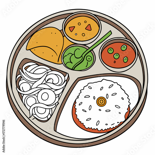 Indian thali meal illustration with rice dal samosa and chutney