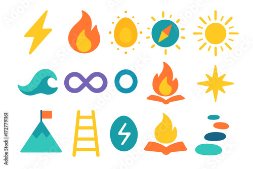 Symbolic Energy Icons. Symbolic energy in modern flat vector : lightning bolt, flame, glowing aura, radiant sun, harmony wave, infinity loop, guiding