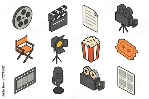 Film Set Essentials. Basic indie film set icons in modern isometric flat : film reel, clapperboard, script document, vintage camera, director’s chair,