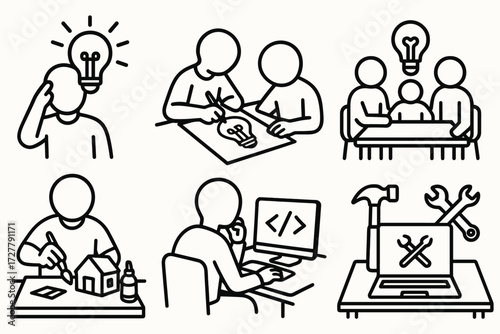 Creative Process Icons. Situations icons in outline style: person brainstorming, person sketching idea, team collaborating, student crafting project,