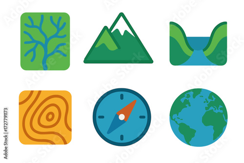 Minimalistic Geography Icons. Geography icons in modern flat vector : drainage map, mountain, valley, contour lines, compass, globe