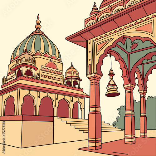 Indian temple architecture with domes and arches in warm colors
