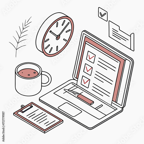 Isometric illustration of a desk with a laptop clock coffee cup and checklist