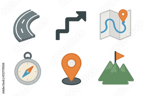 Modern Pathfinding Icons. Pathfinding set icons in modern isometric flat : track curve, arrow path, map, compass, waypoint, mountain peak