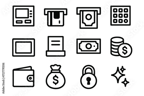 ATM Icon Collection. Basic ATM slot icons in outline style: ATM machine, card slot, cash slot, keypad, screen, receipt paper, dollar bill, coin stack