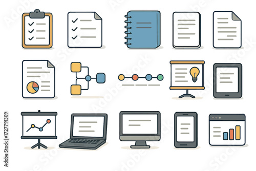 Isometric Work Tools Icons. Work tools set icons in modern isometric flat : clipboard, checklist sheet, notebook, spiral notebook, document page,