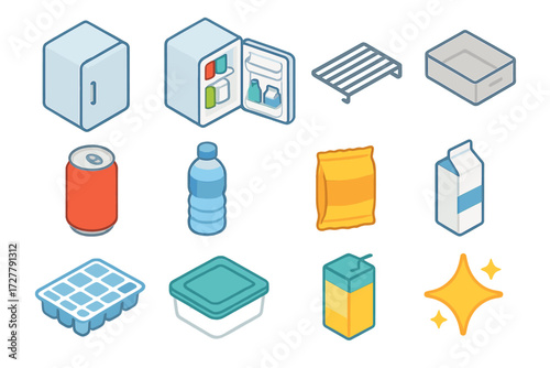Mini Fridge Essentials. Basic mini fridge set icons in modern isometric flat : closed mini fridge, open mini fridge, fridge shelf, drawer, soda can,