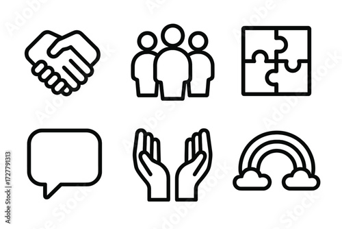 Community Icon Set. Community icons in outline style: mutual respect, group of people, puzzle pieces, chat bubble, open hands, rainbow