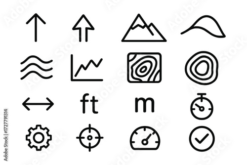 Measurement Symbol Icons. Measurement symbols icons in outline style: upward arrow, downward arrow, mountain peak, hill slope, altitude lines,