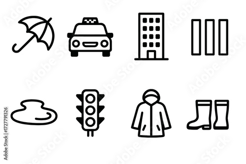 City Rain Symbols. City rain icons in outline style: umbrella flip, taxi, tall building, crosswalk, puddle, traffic light, coat, boots.
