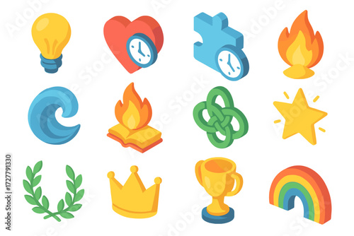Modern Isometric Icon Set. Creative imagery set icons in modern isometric flat : lightbulb with hourglass, heart with clock, puzzle piece with time,