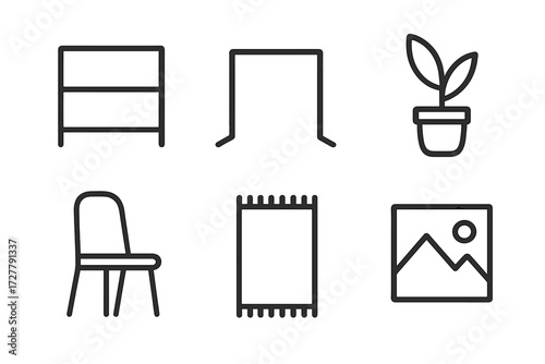Minimalist Home Icons. Minimalist living icons in outline style: empty shelf, open space, potted plant, chair, rug, framed picture