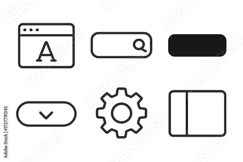 UI Design Icons. UI design icons in outline style: web font, search bar, button, dropdown, settings gear, sidebar