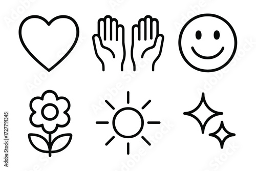 Thankful Symbols Icons. Thankful symbols icons in outline style: heart, open hands, smile face, flower, sun, sparkle