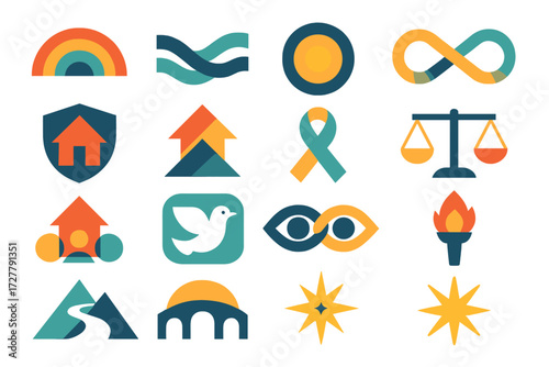 Vision Icon Set. Themes of vision set of icons in abstract flat : rainbow arc, harmony wave, glowing aura, infinity loop, safe home, strong