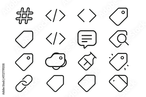 Icon Tag Collection. Tag basics icons in outline style: hashtag, HTML tag, angle brackets, meta tag, label tag, tag icon, code snippet, keyword