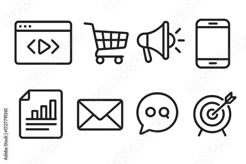 Marketing Media Icons. Marketing media icons in outline style: video embed, shopping cart, megaphone, smartphone, chart report, email envelope,
