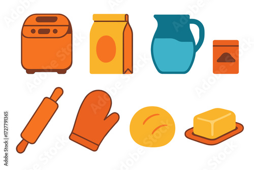 Minimalist Baking Essentials. Home baking set in modern flat vector : bread maker, flour bag, water jug, yeast packet, rolling pin, oven mitt, dough
