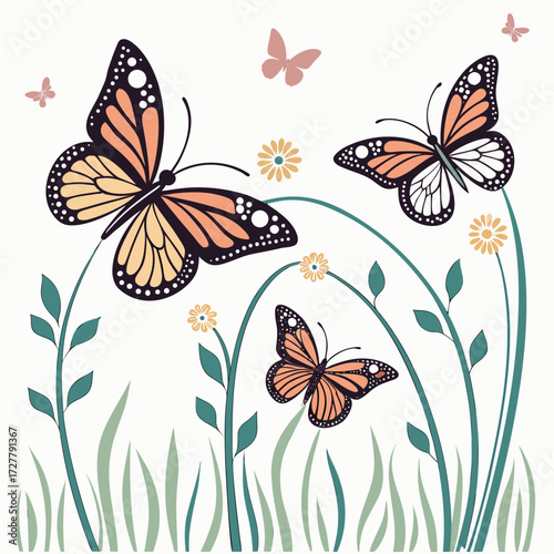 Monarch butterflies fluttering among wildflowers and green stems