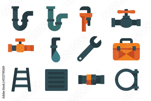Plumbing Tools Icons. Plumbing connection set of icons in abstract flat : sink pipe, drain trap, pipe wrench, water valve, hose connection, leak