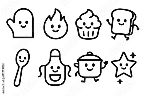Playful Kitchen Icons. Playful kitchen mitts icons in outline style: smiling oven mitt, cartoon flame, happy cupcake, dancing bread, cute spoon,