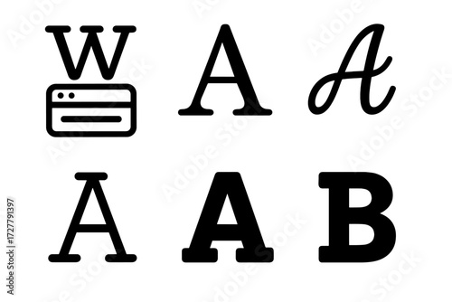 Typography Icon Set. Typography set icons in outline style: web font, serif letter, sans serif letter, script letter, monospaced letter, bold icon