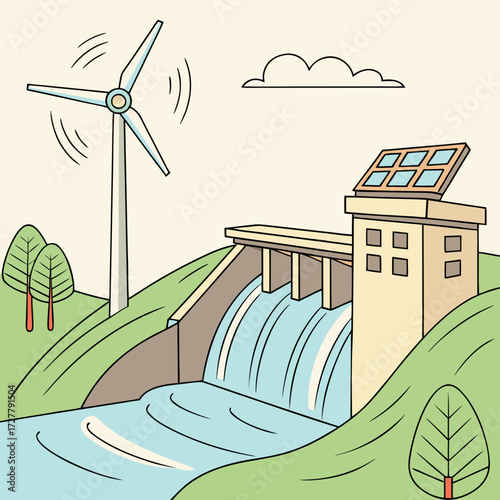 Renewable energy sources including wind turbine and hydroelectric dam with solar panels