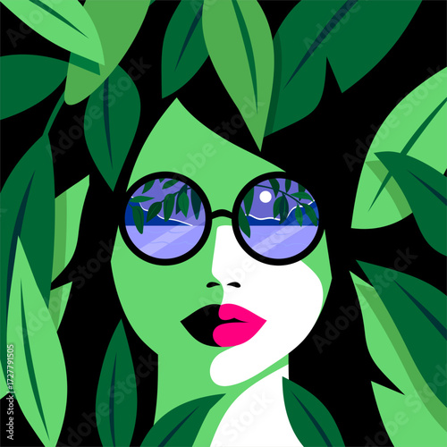 Woman with sunglasses reflecting a night scene