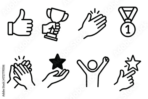 Achievement Hands. Gestures icons in outline style: hand giving thumbs up, hand holding trophy, hand patting chest, hand raising medal, two hands