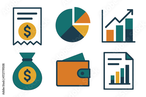 Financial Icons Set. Financial summary set of icons in abstract flat : price list, pie chart, bar graph, money bag, wallet, report document