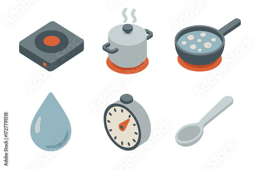 Isometric Cookware Icons. Boil & simmer set icons in modern isometric flat : stovetop, steaming pot, bubbling pan, water droplet, timer dial, spoon